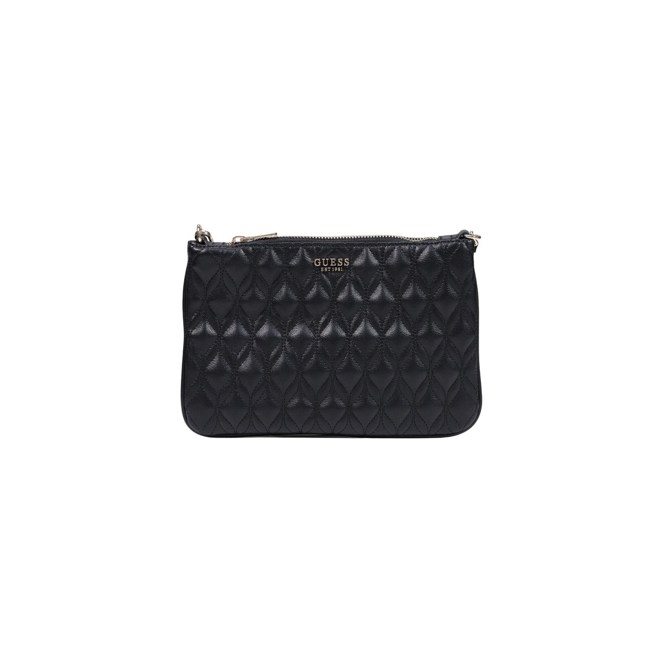 Pochette Guess nera trapuntata Maxine Quilted Flat PW7577 P6322. Borsa a mano e a spalla da donna nera matelassé in ecopelle con tracolla in metallo intrecciato, logo Guess e chiusura zip, borsa da sera elegante 4 stagioni.