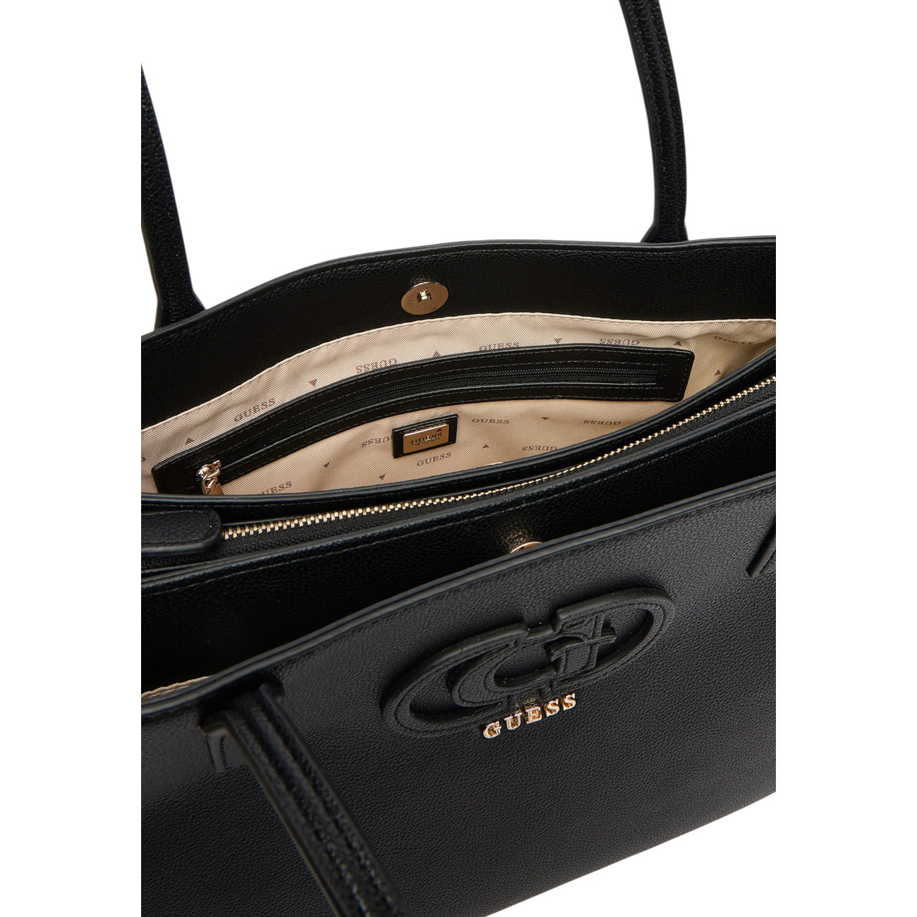 Borsa Shopper Grande Donna Guess Isola; Nero. 100% Ecopelle strutturata, chiusura con zip, doppi manici a spalla, tasca sul retro e charm oro. Silhouette svasata e capiente (40x28 cm), stile elegante-casual. Vista aperta 