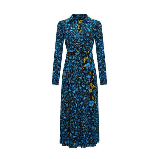 Abito lungo Diane Von Furstenberg blu - dettaglio stampa floreale e texture nylon
