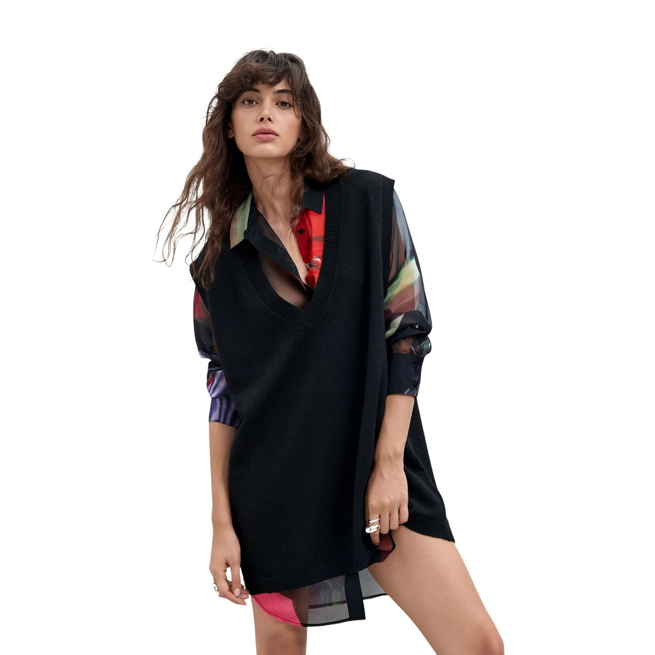 Abito Desigual Christian Lacroix donna nero VEST_MAMEN_LACROIX. Vestito chemisier bimateriale a maniche lunghe stampate e colletto camicia, realizzato in tessuto ecosostenibile riciclato, collezione autunno inverno.