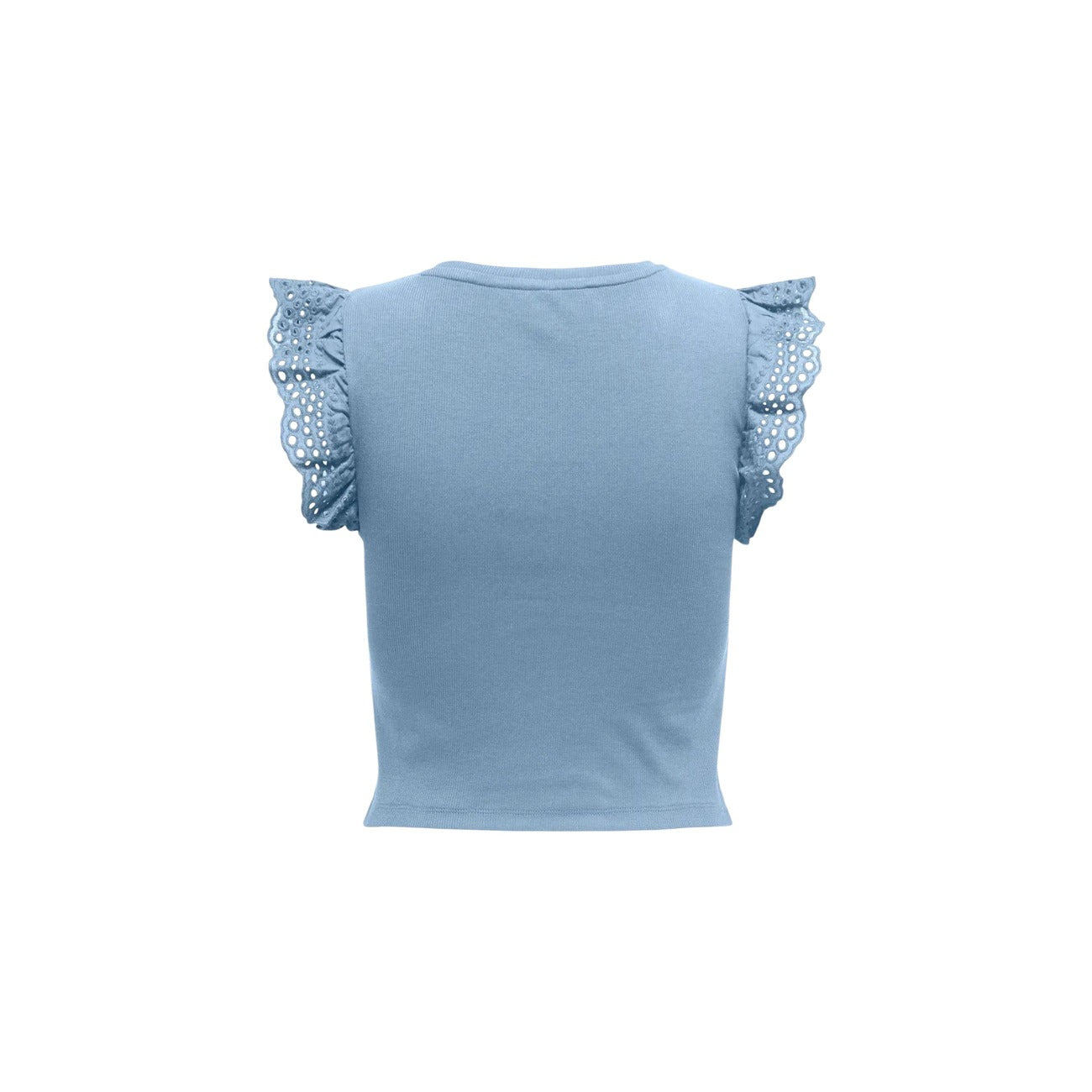 T-shirt Only Mathilda; Cotone elasticizzato. Maniche con balze in pizzo, girocollo, vestibilità aderente. Capo leggero, confortevole e raffinato. Ideale per Primavera/Estate. Vista posteriore stesa azzurra 