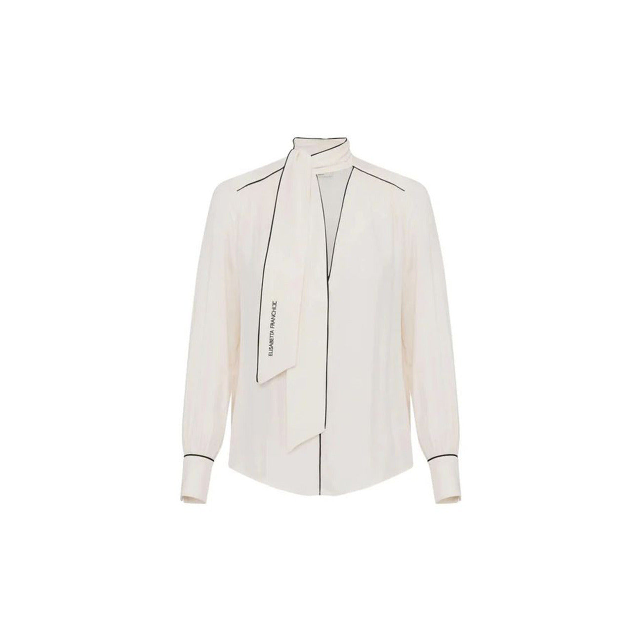 Blouse Elisabetta Franchi Burro/Nero; 100% viscosa, collo a scialle, leggera trasparenza. Eleganza iconica e vestibilità fluida. Vista frontale stesa 