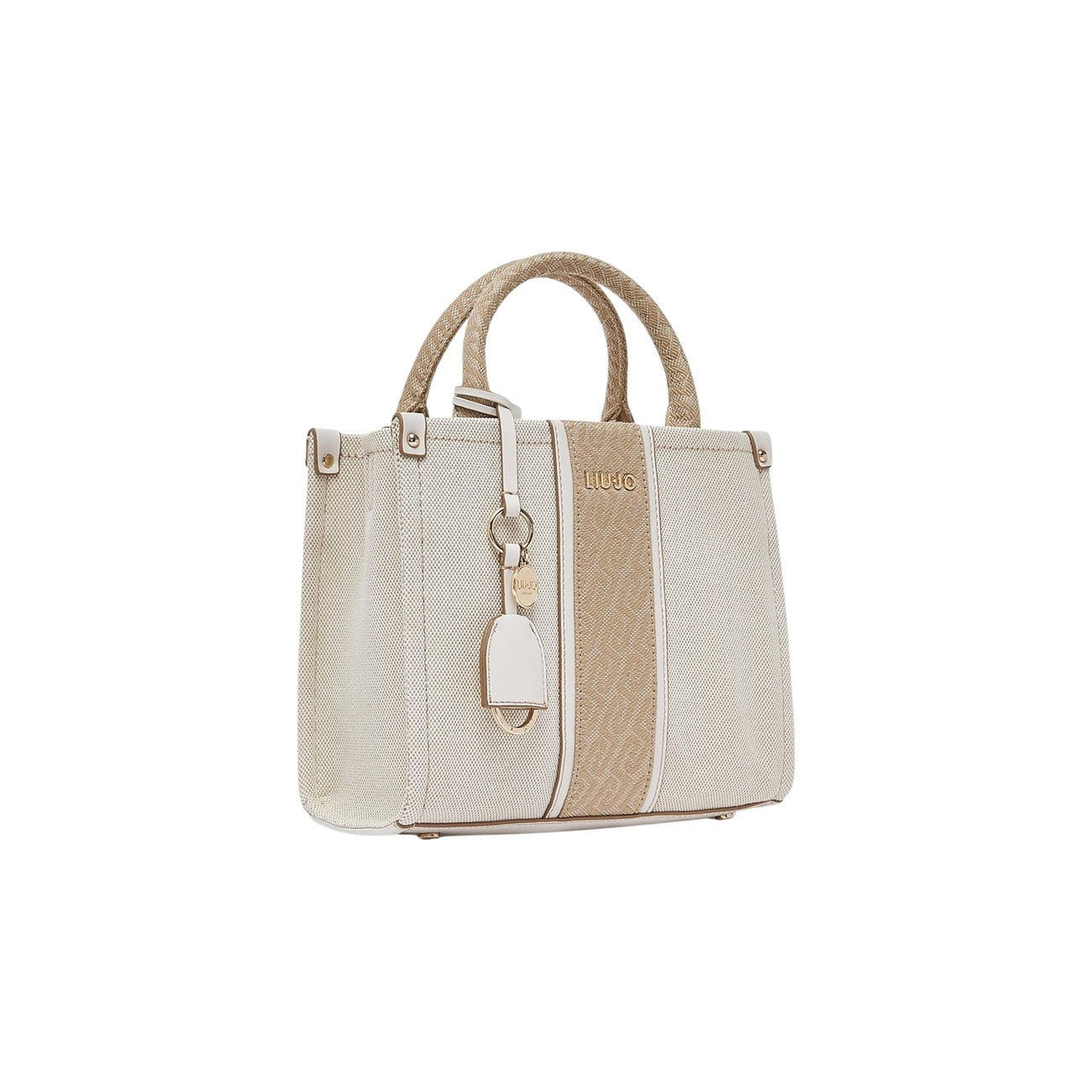 Borsa piccola Jacquard; chiusura zip, scomparto centrale, tracolla inclusa, charm rimovibile. L'eleganza compatta per ogni occasione. Vista frontale laterale 