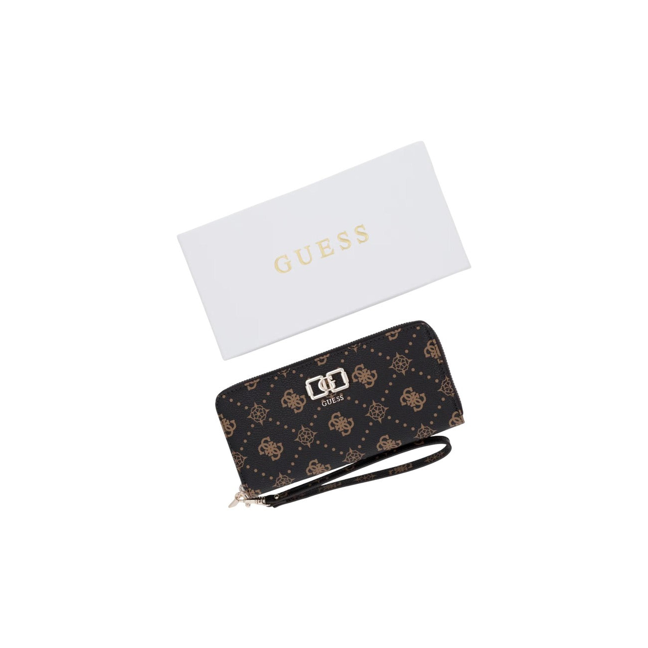 Portafoglio Guess donna marrone grande modello SWGP99 28146. Portafogli rettangolare zip-around in ecopelle marrone con motivo logato all-over, tasca esterna posteriore con zip, scomparti interni per carte e laccetto da polso.
