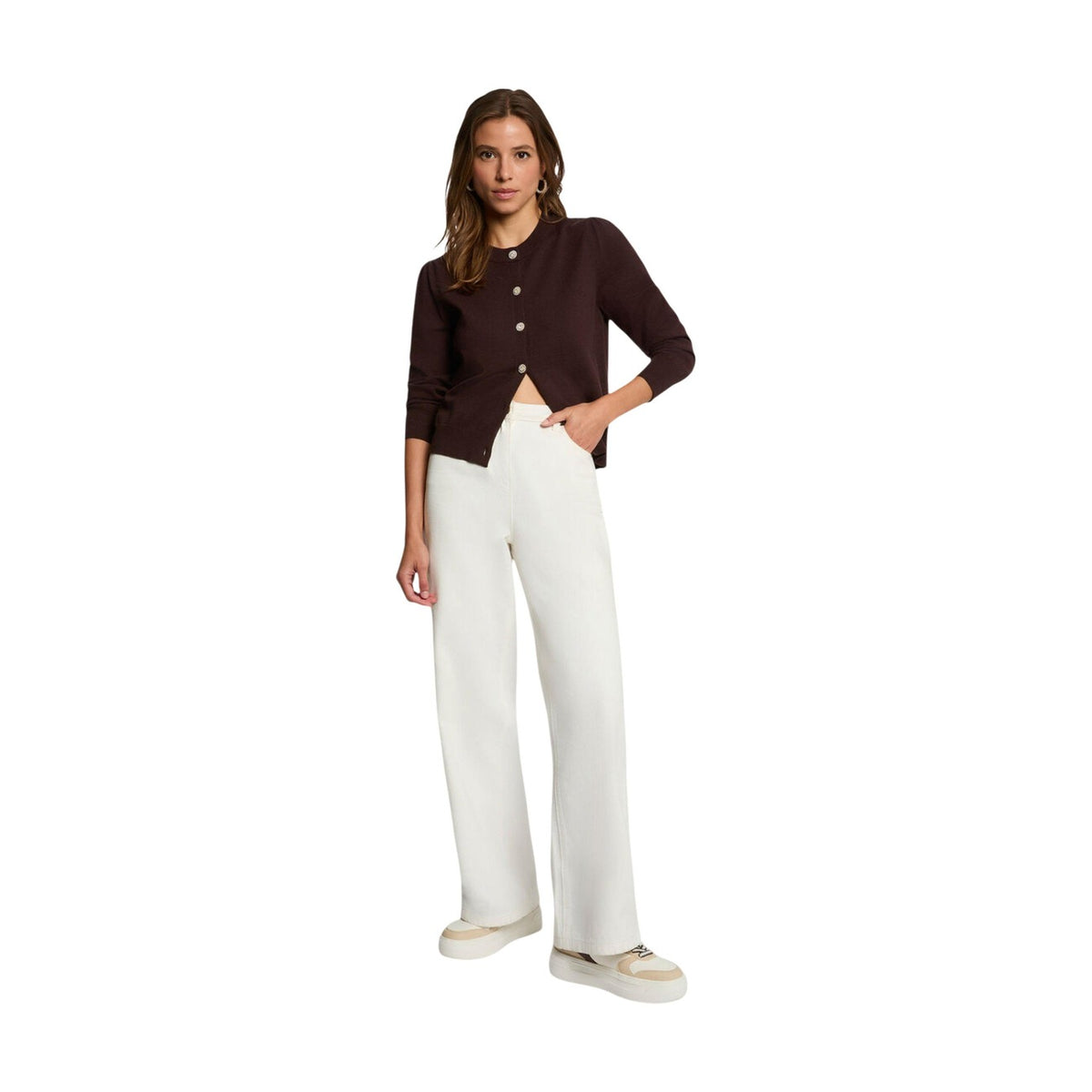 Cardigan donna con bottoni gioiello Morgan De Toi 262-MKNOT. Maglia girocollo in viscosa sostenibile e poliammide a maniche lunghe con dettagli arricciati sulle spalle.