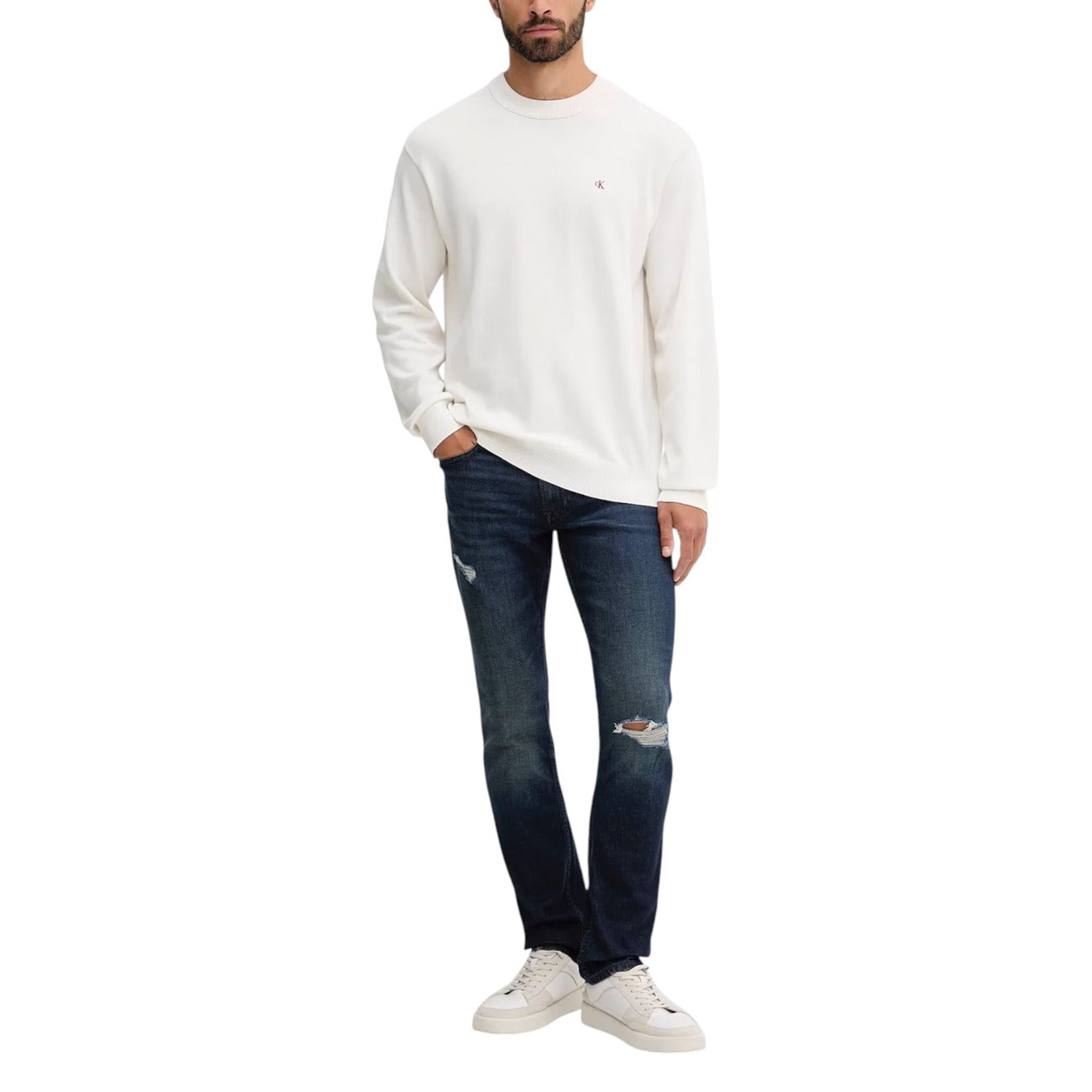 Calvin Klein Jeans Maglia Uomo Bianco Scollo Tondo Manica Lunga Cotone 100% Autunno Inverno LV04RC309G