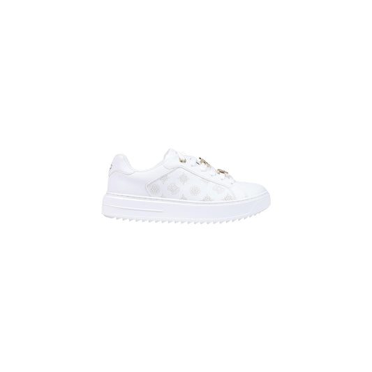 Sneakers Guess Duena bianche donna FLFDUE ELE12. Scarpe da ginnastica bianche da donna con motivo monogramma logo, inserti metallici sui lacci, suola dentellata platform 4 cm e tomaia sagomata, sneakers casual chic 4 stagioni.