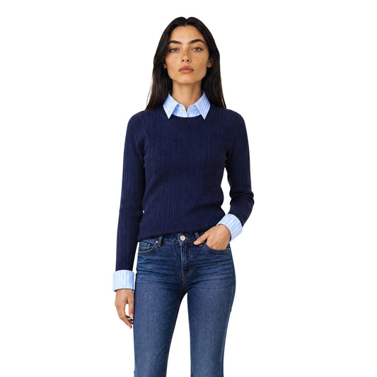 Maglione blu donna a costine Morgan De Toi 252-MBLUE. Pullover leggero girocollo in viscosa sostenibile, poliestere e poliammide con rifiniture di qualità.