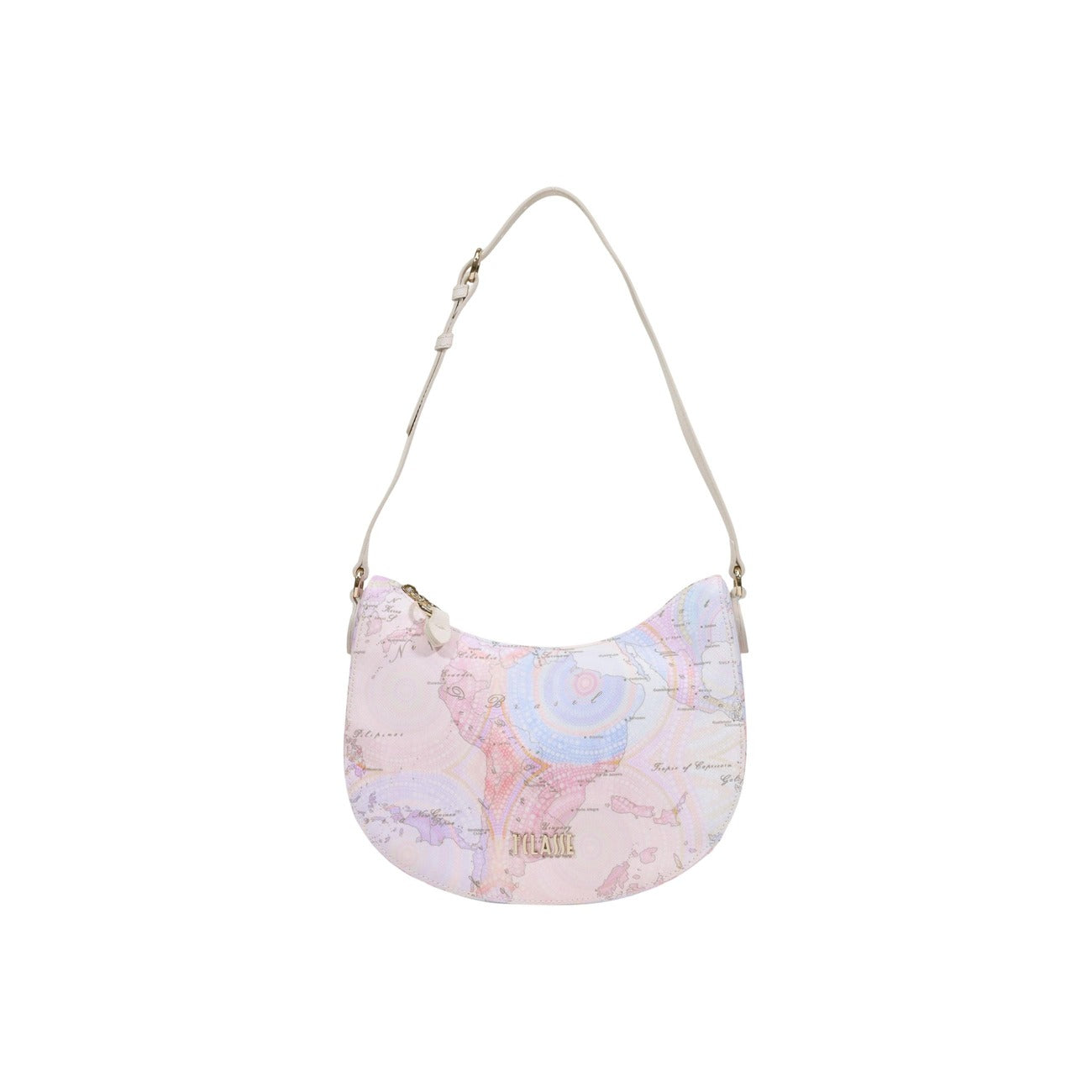 Mini borsa a spalla Alviero Martini Prima Classe, stampa Geo tonalità pastello e logo dorato; borsa piccola in tessuto spalmato resistente con scomparto sicuro a zip. Vista frontale 