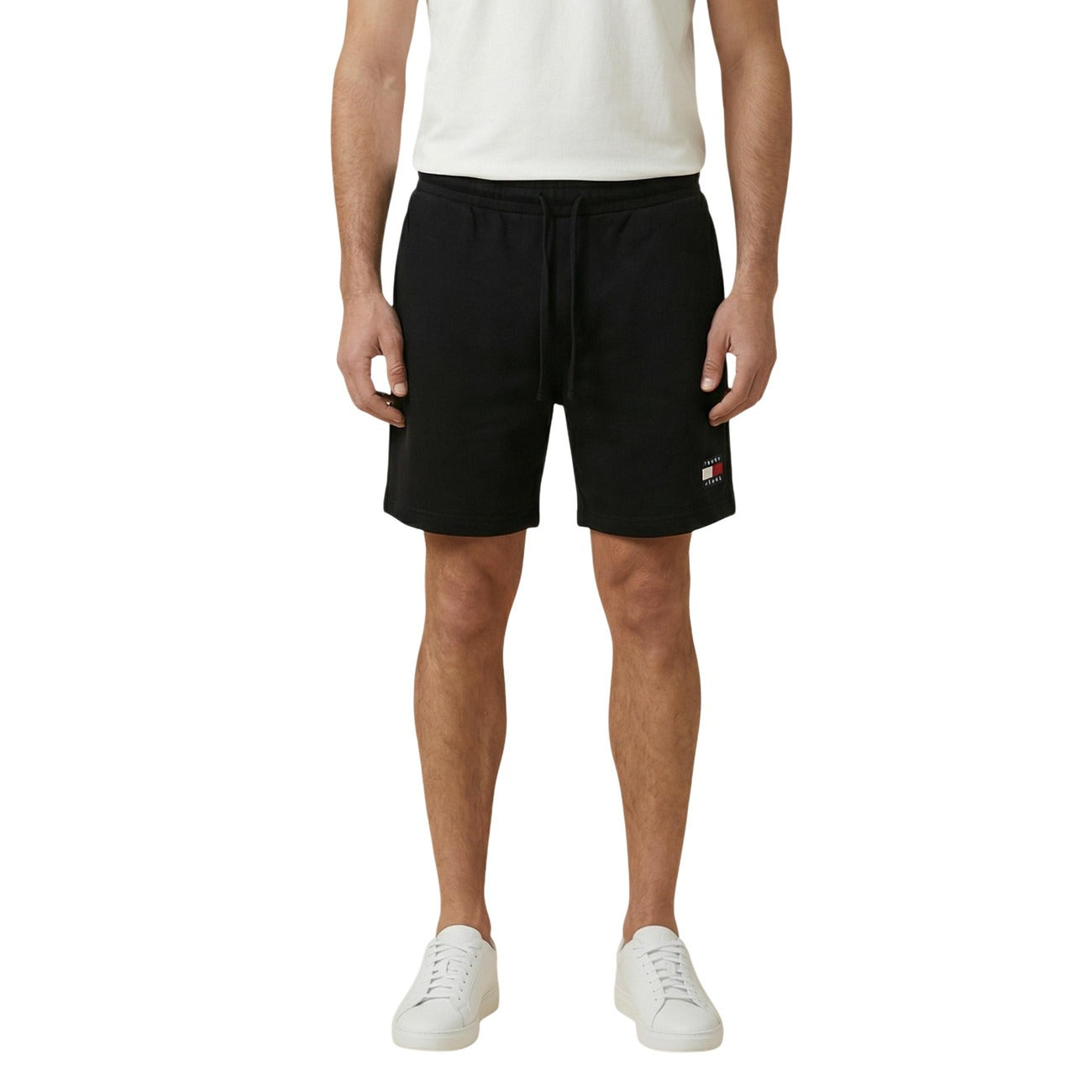 Bermuda shorts uomo Tommy Hilfiger Jeans nero in cotone con coulisse in vita e tasche anteriori
