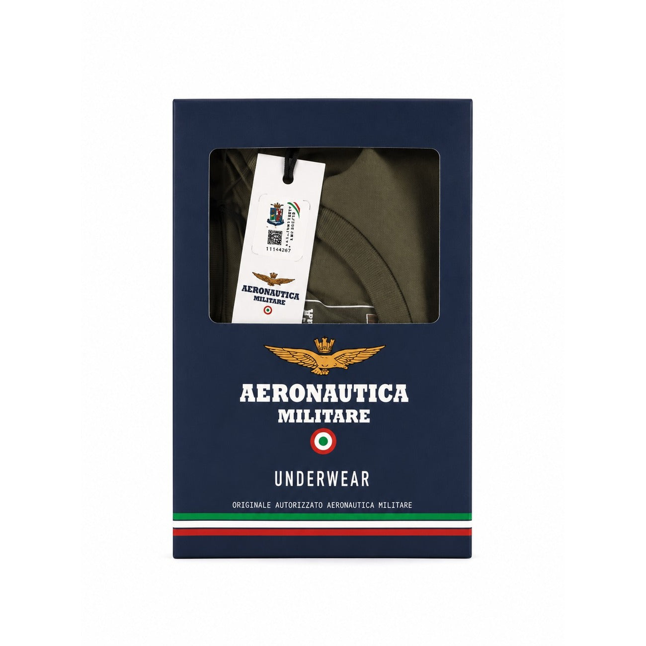 T-shirt Intima Uomo Multipack Aeronautica Militare; Tessuto 95% cotone e 5% elastan a maniche corte e girocollo. Assortimento colori basici e militari, stile casual underwear comfort. Verde vista confezione