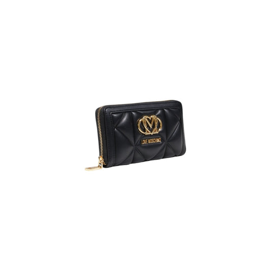 Portafoglio grande Love Moschino EMBOSSED donna nero con cerniera tasche interne 100% poliuretano - vista frontale laterale 
