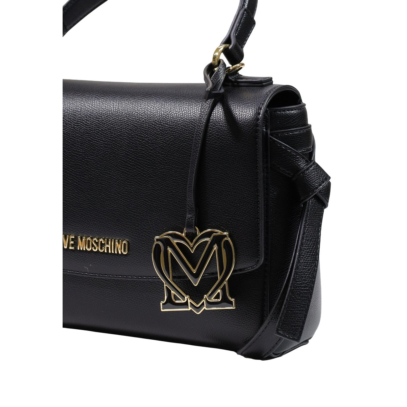 Borsa Love Moschino donna nera a mano modello JC4061PP. Borsetta media rigida effetto pelle nera con tracolla, patta e charm dorato pendente stile elegante, casual chic e da sera.