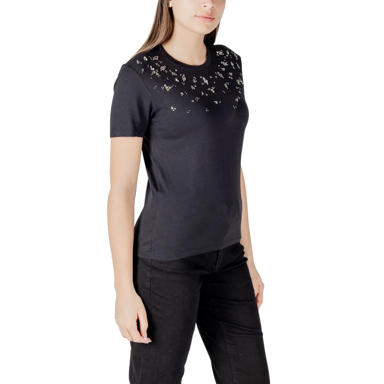 Only T-Shirt Donna Nera Strass Manica Corta Scollo Tondo 50% Cotone 50% Modal Primavera/Estate 15343568
