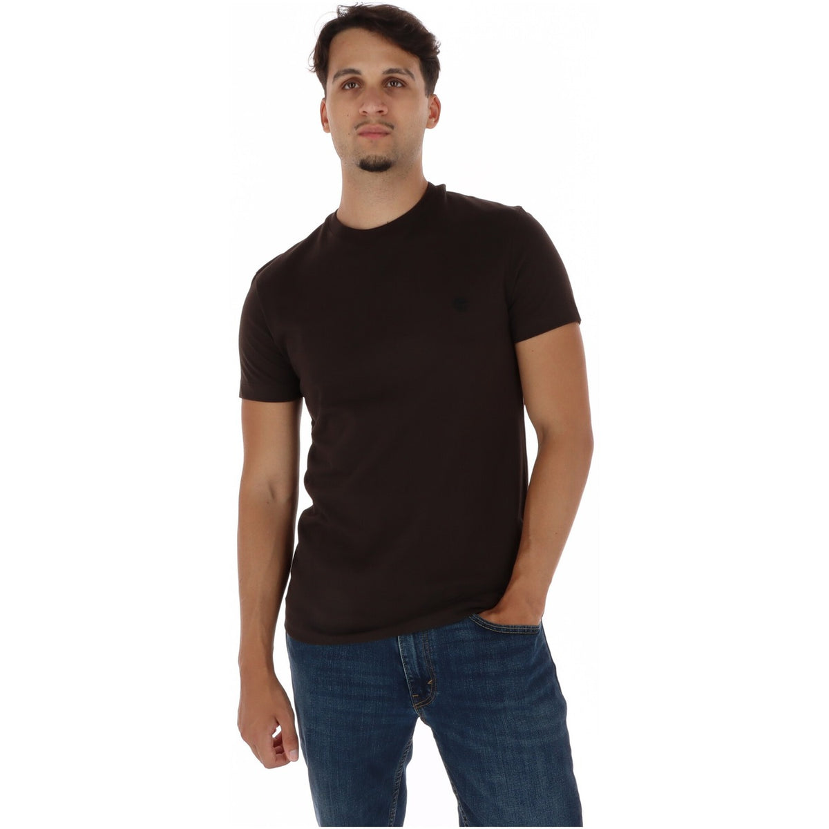 T-shirt Timberland Dunstan River uomo marrone TBC0YHBU. Maglietta a maniche corte in 100% cotone con collo a giro, taglio moderno aderente e logo albero Timberland ricamato.
