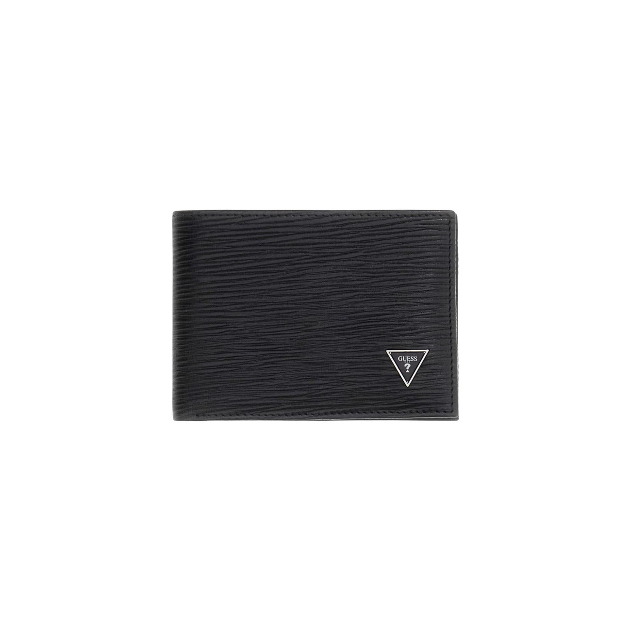 Portafoglio uomo nero Guess modello Milano con chiusura zip-around (14 x 9 x 2 cm). Realizzato in tessuto tecnico con finiture effetto pelle, iper-funzionale, iconico logo a triangolo frontale e metalleria argento. Interno organizzato con tasche multifunzione e porta carte removibile estraibile. Vista frontale 