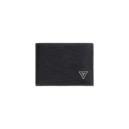 Portafoglio uomo nero Guess modello Milano con chiusura zip-around (14 x 9 x 2 cm). Realizzato in tessuto tecnico con finiture effetto pelle, iper-funzionale, iconico logo a triangolo frontale e metalleria argento. Interno organizzato con tasche multifunzione e porta carte removibile estraibile. Vista frontale 
