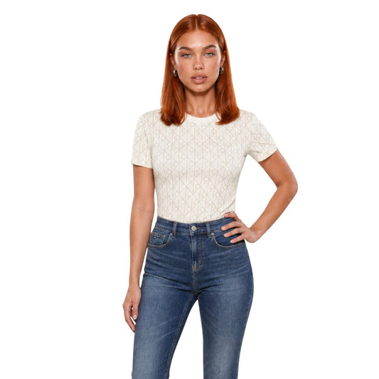 T-shirt Calvin Klein Jeans donna bianca modello LV047G811G. Maglietta a maniche corte girocollo in puro cotone bianco con stampa geometrica e pattern loghi CK all-over, t-shirt estiva leggera di marca stile casual.