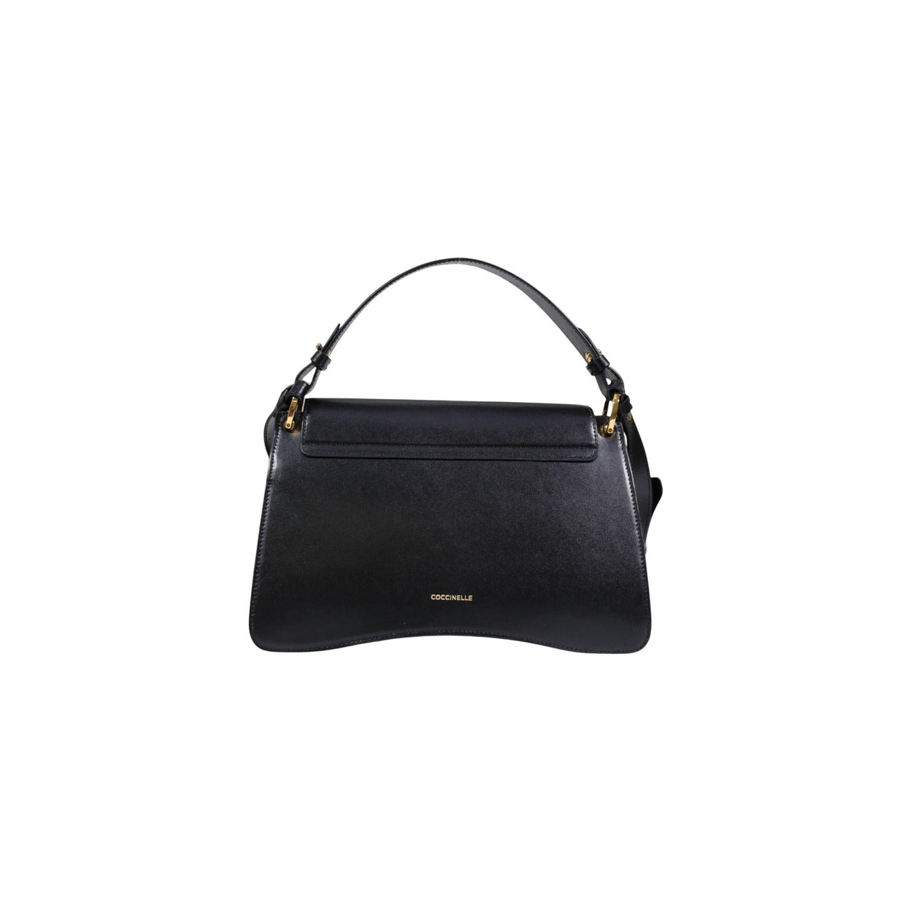 Borsa Coccinelle C-Me Calf Nera; 100% Vera Pelle. Chiusura magnetica, interno a soffietti, tre scomparti, dettagli gold. Borsa a mano e tracolla donna, design premium. Vista posteriore 
