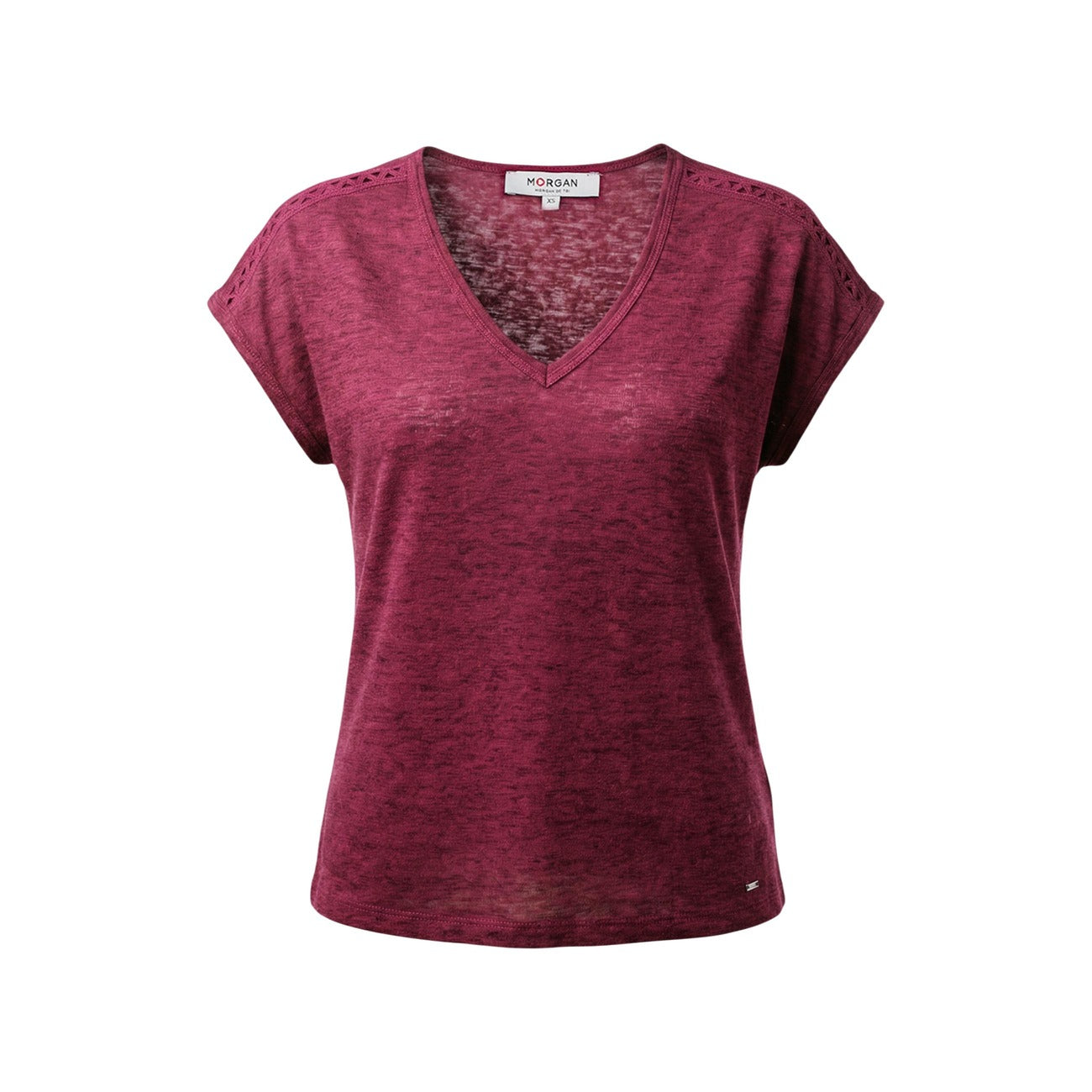 T-shirt Morgan De Toi Viola; 53% Poliestere Riciclato, 47% Viscosa Sostenibile. Scollo a V, fantasia melange, vestibilità morbida. Tessuto leggero e traspirante, stile casual-raffinato. Vista stesa 