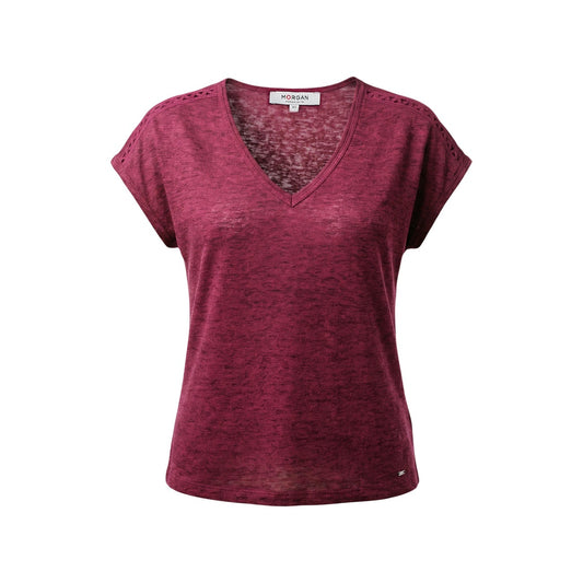 T-shirt Morgan De Toi Viola; 53% Poliestere Riciclato, 47% Viscosa Sostenibile. Scollo a V, fantasia melange, vestibilità morbida. Tessuto leggero e traspirante, stile casual-raffinato. Vista stesa 