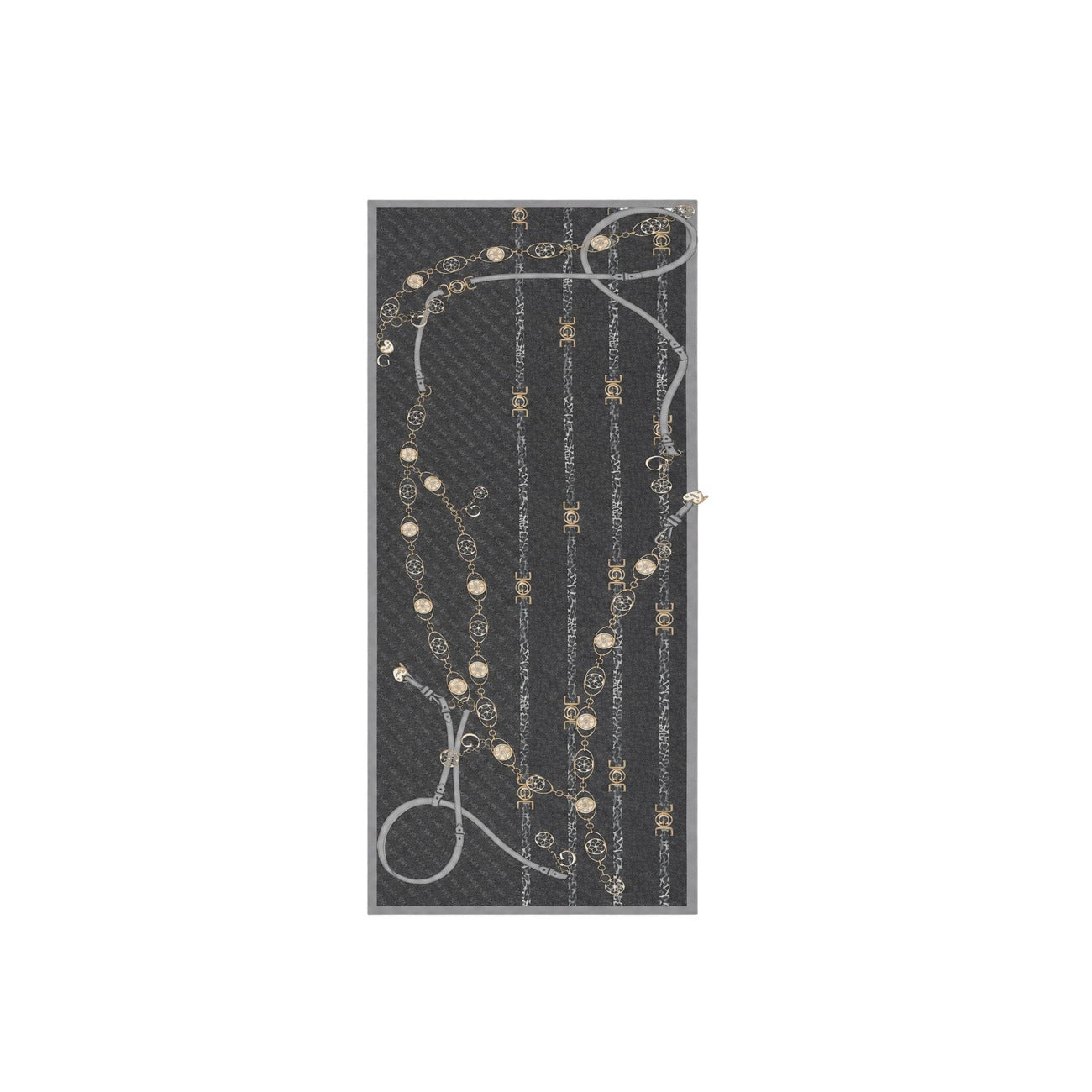 Foulard Rettangolare Stampa Catene Donna Guess; Tessuto 100% viscosa morbida con motivo gioiello ornamentale. Accessorio leggero multifunzione da mezza stagione. Vista aperta 