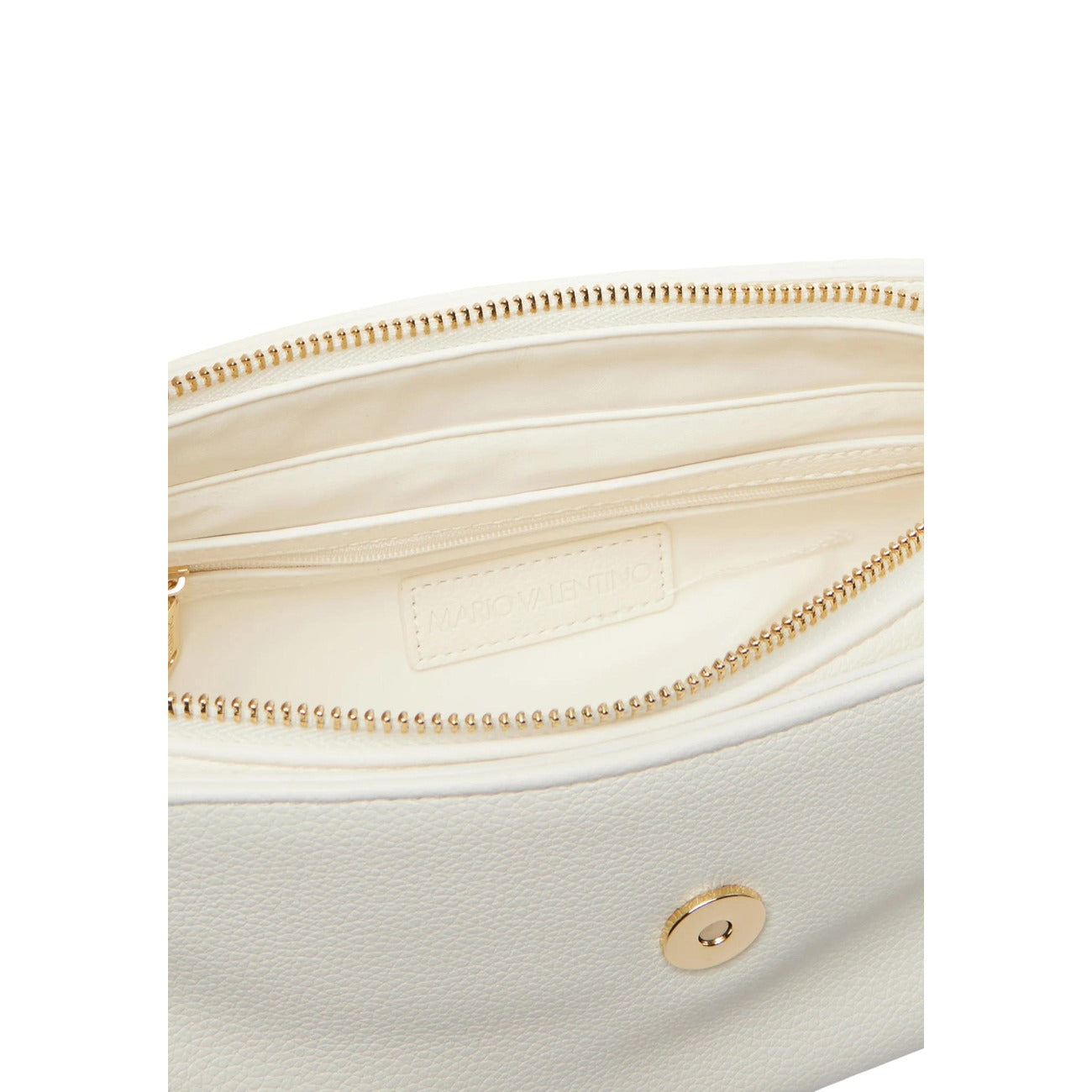 Borsa Piccola Bianca Donna Valentino Bags Dea; Misure 10x16x8 cm. Tessuto 100% poliuretano con chiusura a patta e cerniera interna. Doppia tracolla rimovibile con borchie e logo in metallo dorato lucido, stile elegante 4 stagioni. Vista aperta 
