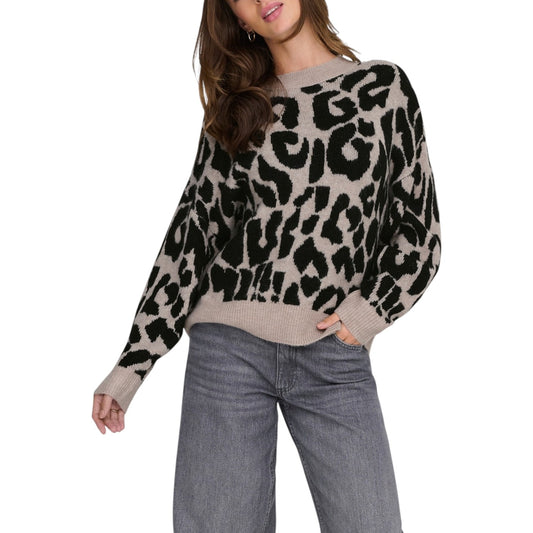 Jacqueline De Yong Women's Beige Leopard Sweater - Long-Sleeved Round Neck Sweater