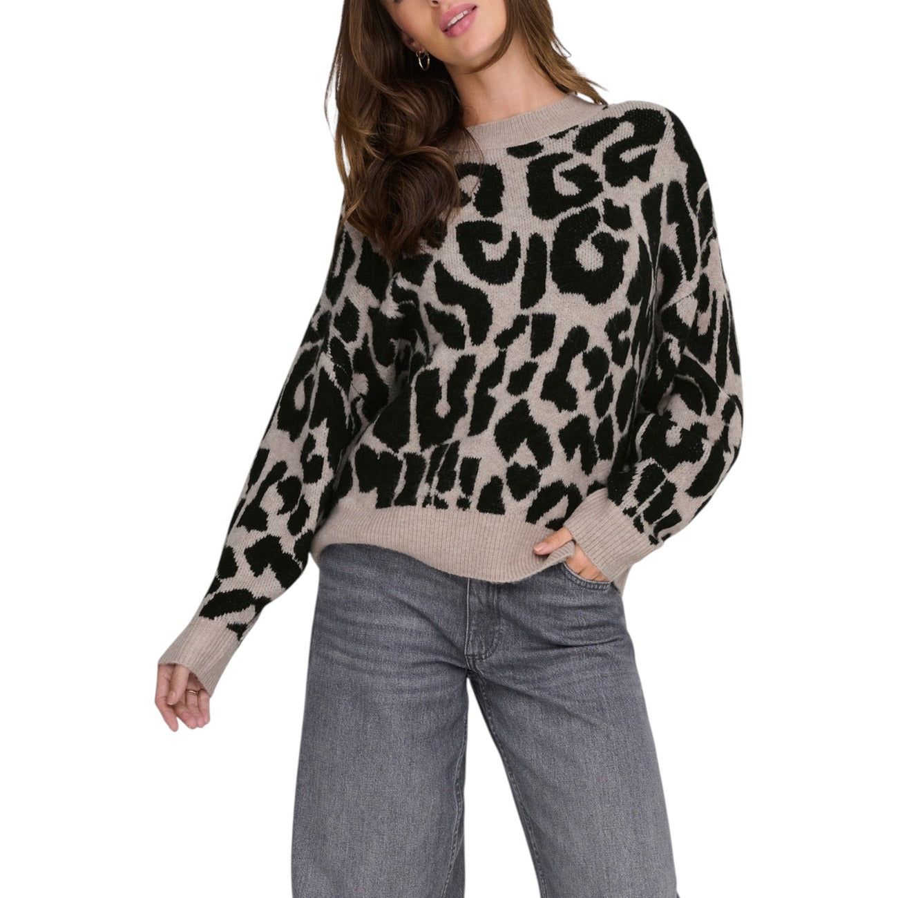 Jacqueline De Yong Maglia Donna Beige Leopardata - Maglione Maniche Lunghe Scollo Tondo