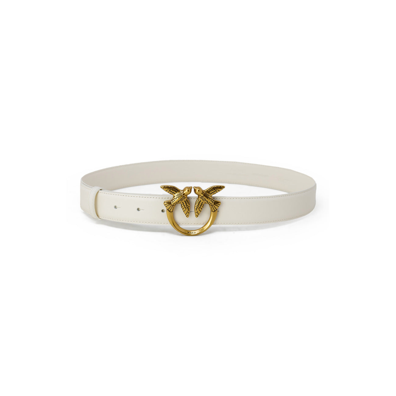 Cintura Alta Donna Pelle Pinko Love Birds 4cm; Cintura in pelle mano seta bianca o nera con fibbia logo metallica e passante singolo. Vista chiusa colore bianco 