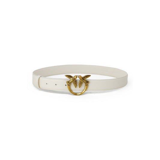 Cintura Alta Donna Pelle Pinko Love Birds 4cm; Cintura in pelle mano seta bianca o nera con fibbia logo metallica e passante singolo. Vista chiusa colore bianco 