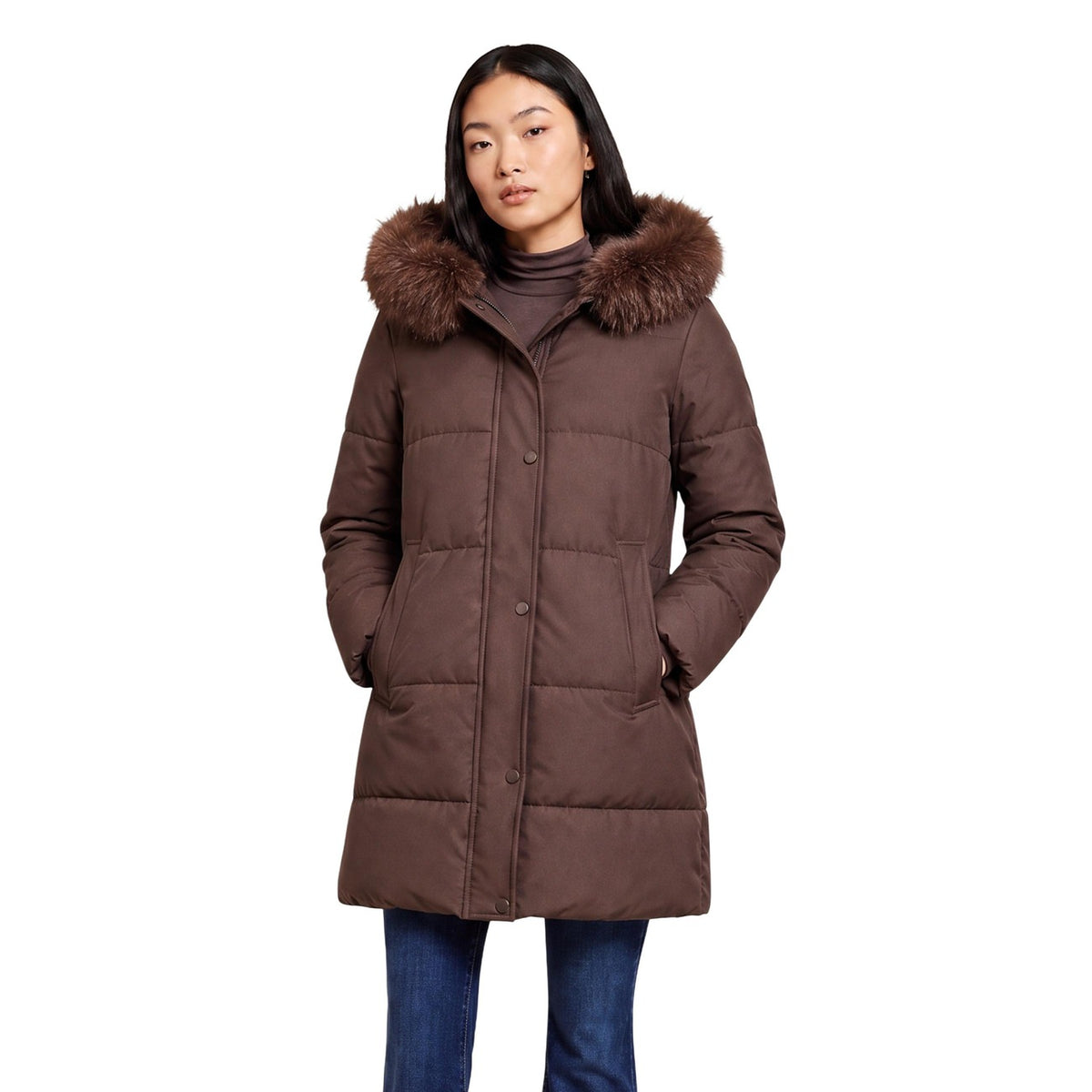 Piumino lungo donna Choral marrone – Cappotto trapuntato con cappuccio pelliccia SLI6GC026281D.