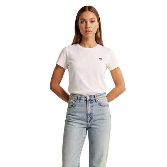 T-shirt Donna Levi's® Perfect Tee; Bianco. 100% Cotone premium leggero, vestibilità regolare, maniche corte e girocollo tondo. Logo ricamato sul petto, stile iconico ed essenziale 4 stagioni. Frontale 