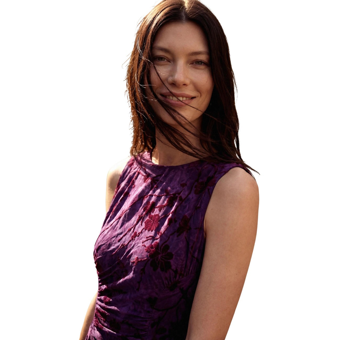Abito Desigual donna viola Alina VEST_ALINA. Vestito midi aderente smanicato in poliestere riciclato floccato con motivo floreale orientale e dettagli drappeggiati sul davanti.