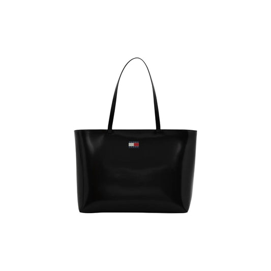 Borsa Tote donna Tommy Hilfiger; 100% Poliuretano Nero. Chiusura con cerniera, manici lunghi a spalla, logo piccolo frontale. Capiente, resistente e ideale per il lavoro. Vista frontale 