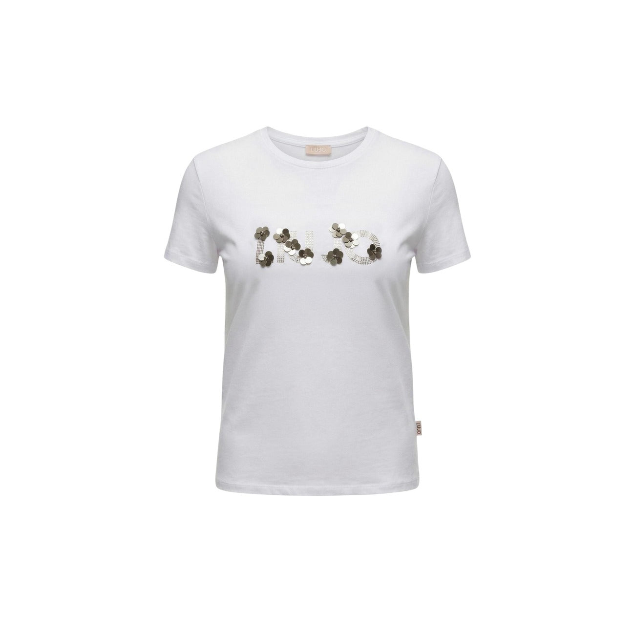 T-shirt donna Liu Jo cropped bianca in 100% cotone; logo frontale impreziosito da paillettes e micro strass luminosi. Taglio corto e maniche corte. Vista frontale stesa 