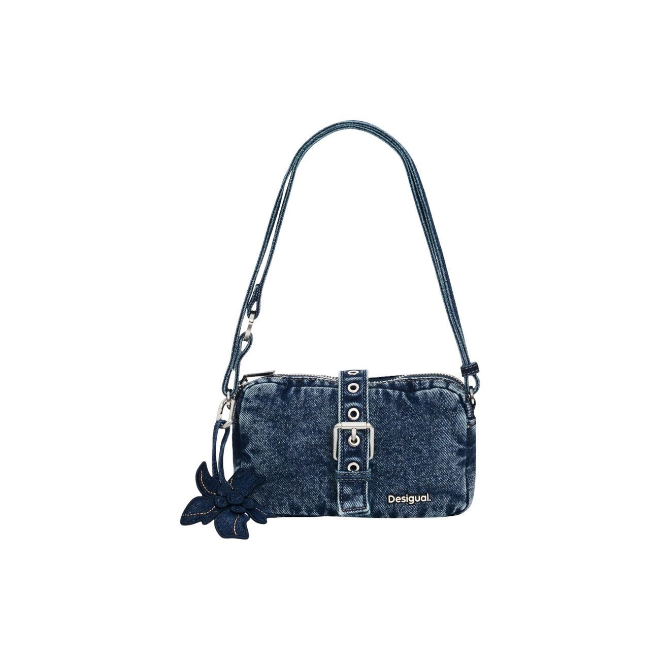 Borsa piccola in denim da donna Desigual MONE_CURIO. Realizzata interamente in poliestere con dettaglio floreale. Tracolla e chiusura con zip. Vista frontale 
