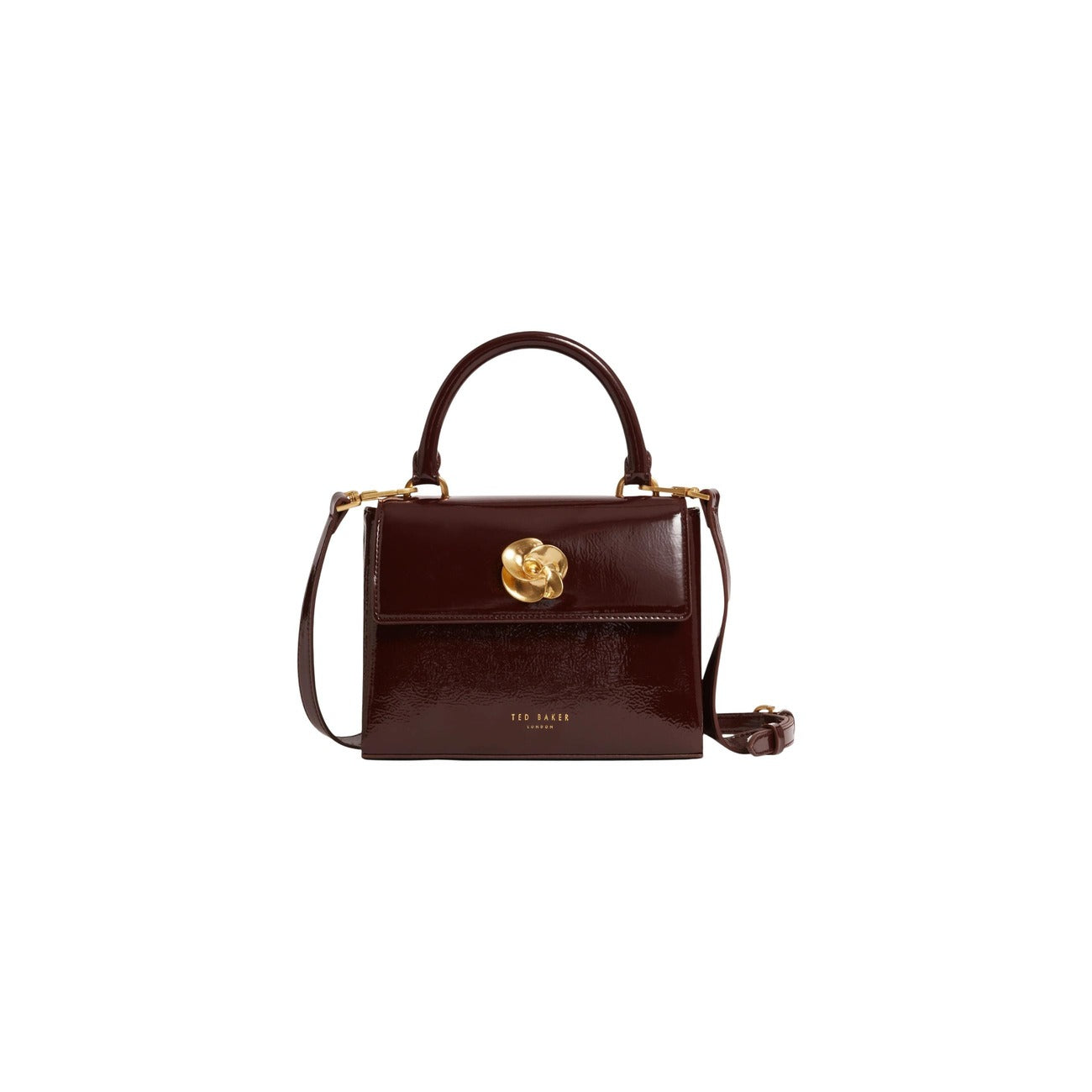 Ted Baker Rose Detail Mini Bag; borsa compatta effetto crinkle con chiusura a rosa gold. Realizzata in materiali riciclati, elegante e versatile per occasioni speciali. Vista frontale 