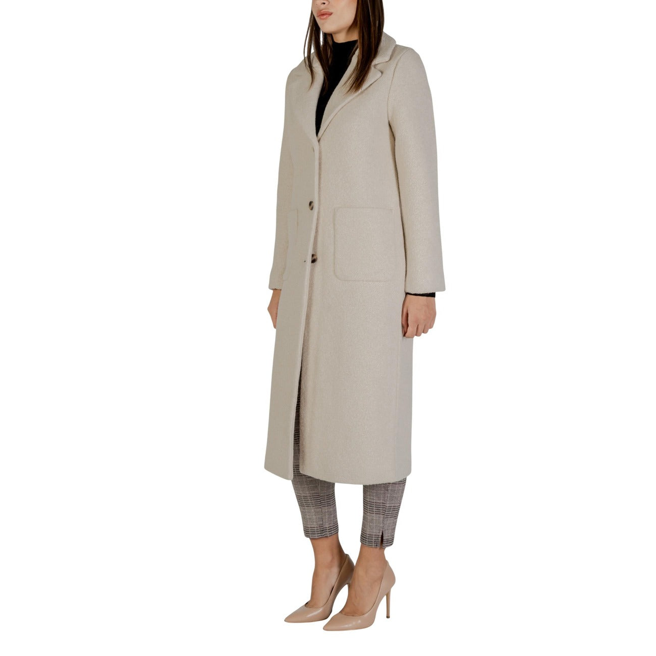 Ichi Cappotto Donna Beige Maniche Lunghe - Cappotto Lana Bottoni Tasche Autunno Inverno