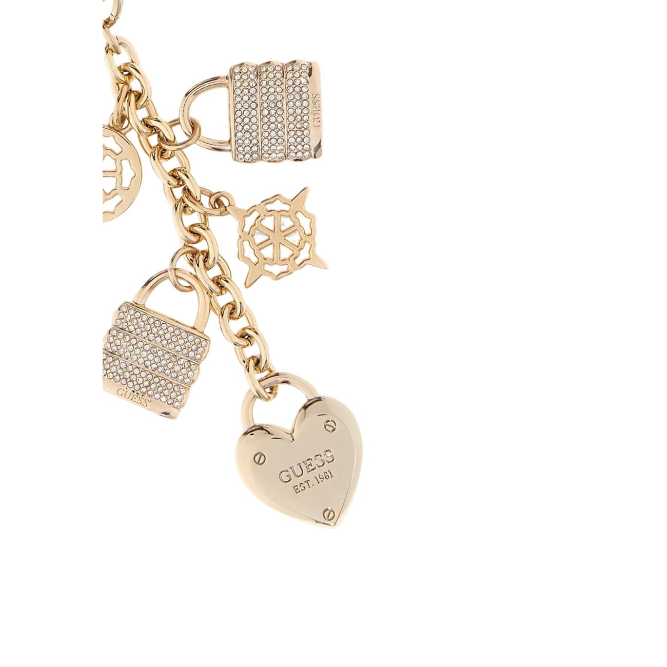 Portachiavi Dorato Donna Guess; 100% metallo lucido. Charm pendenti a cuore e lucchetto con micro-cristalli e incisione logo. Doppio aggancio con anello e moschettone, stile casual-luxury 4 stagioni.