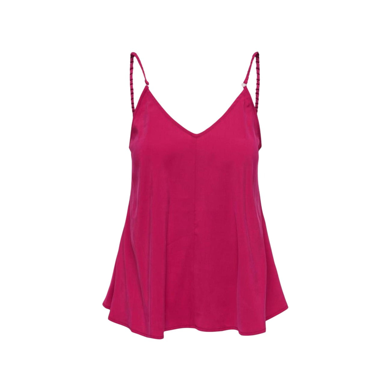 Canotta Only Madeli Oaklyn; fucsia , 85% Viscosa e 15% Poliestere. Scollo a V profondo, spalline sottili regolabili, tessuto leggero e fluido. Perfetta per il layering o da indossare da sola. Vista frontale Stesa