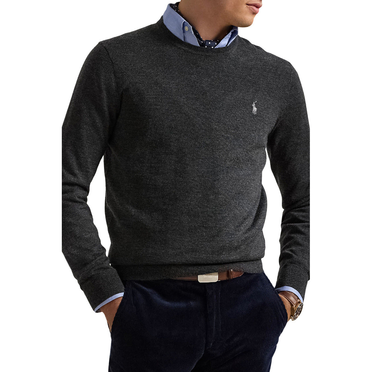 Polo Ralph Lauren Maglia Uomo Grigio Scollo Tondo Manica Lunga Lana 100% Autunno Inverno V_31784
