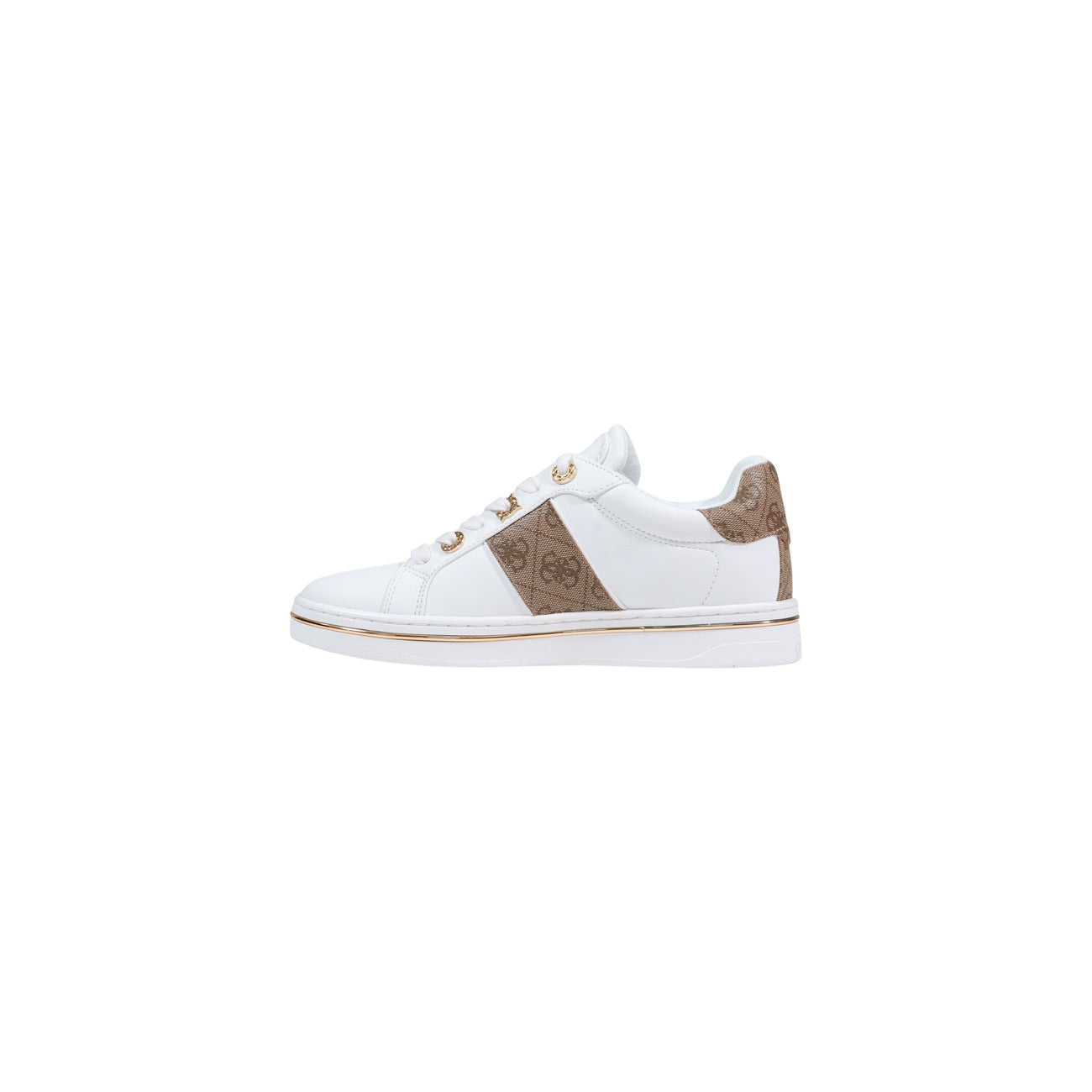 Sneakers Guess Stew; Bianco, 100% Poliuretano. Dettagli logati a contrasto, occhielli metallici, suola 2 cm. Sneaker 4 stagioni, confortevole e raffinata. Vista laterale 