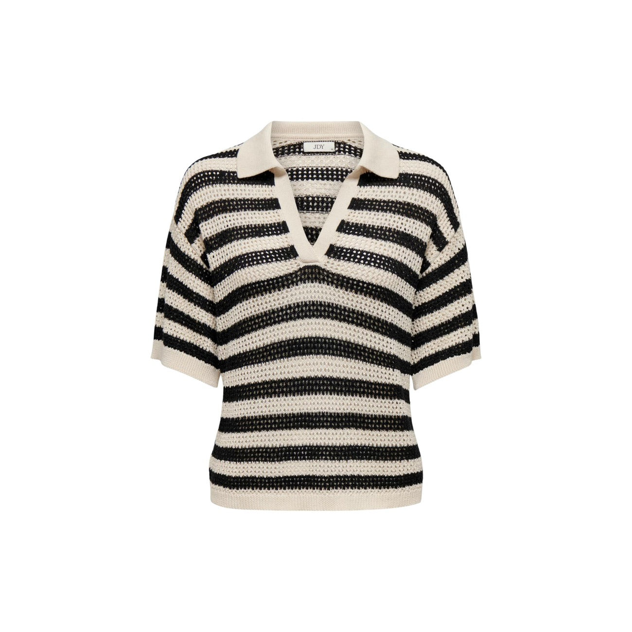 T-shirt Polo Donna a Righe Nere JDY Jacqueline de Yong; Pullover estivo a maniche corte in maglia traforata bicolore. Scollo a V con colletto e vestibilità morbida casual. Frontale stesa 