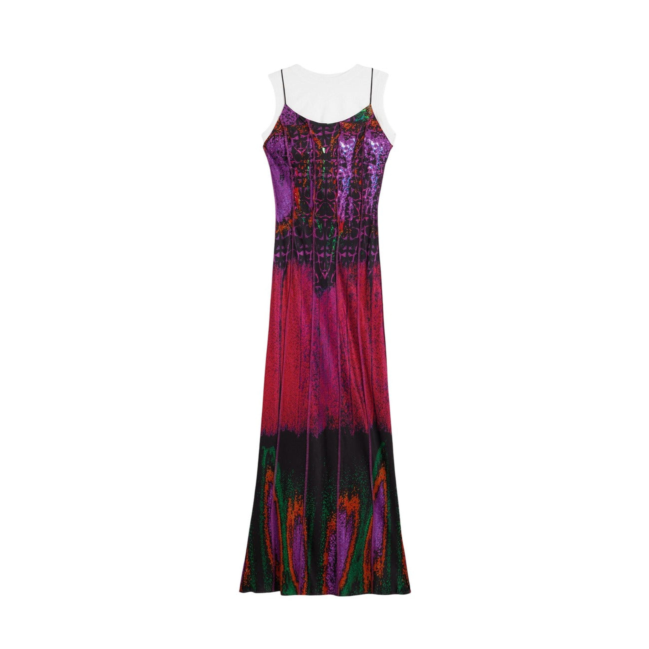 Abito lungo Desigual x Lacroix; Fuxia Multicolore. 100% Viscosa EcoVero™. Include t-shirt bianca sotto, stampa etnica, tessuto fluido. Collezione SS26 disegnata a Barcellona. Figura intera stesa 