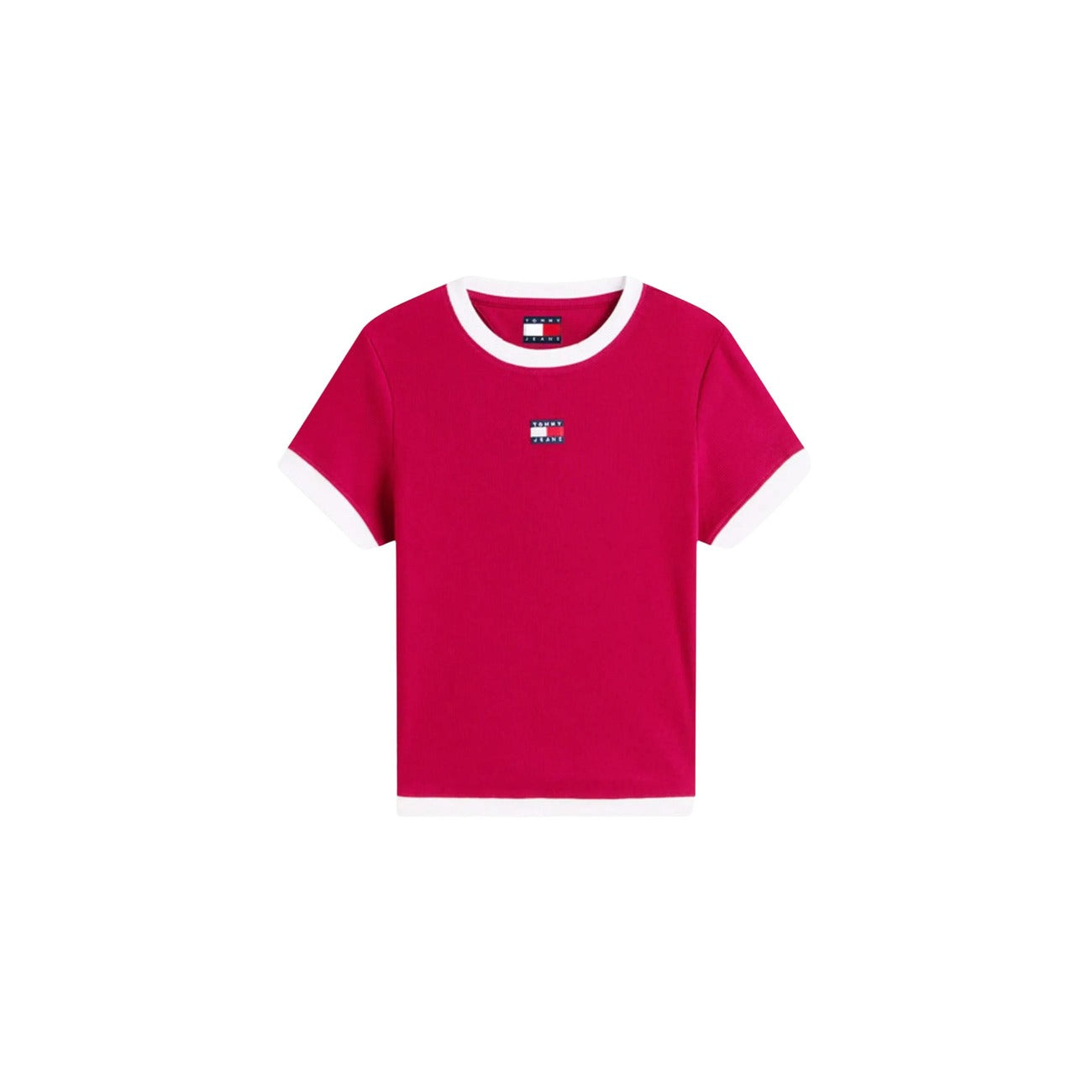 T-shirt a coste Tommy Jeans; cotone stretch, slim fit, bordi a contrasto, distintivo logato. Stile 90s iconico e vestibilità flessibile. Colore bordeaux 