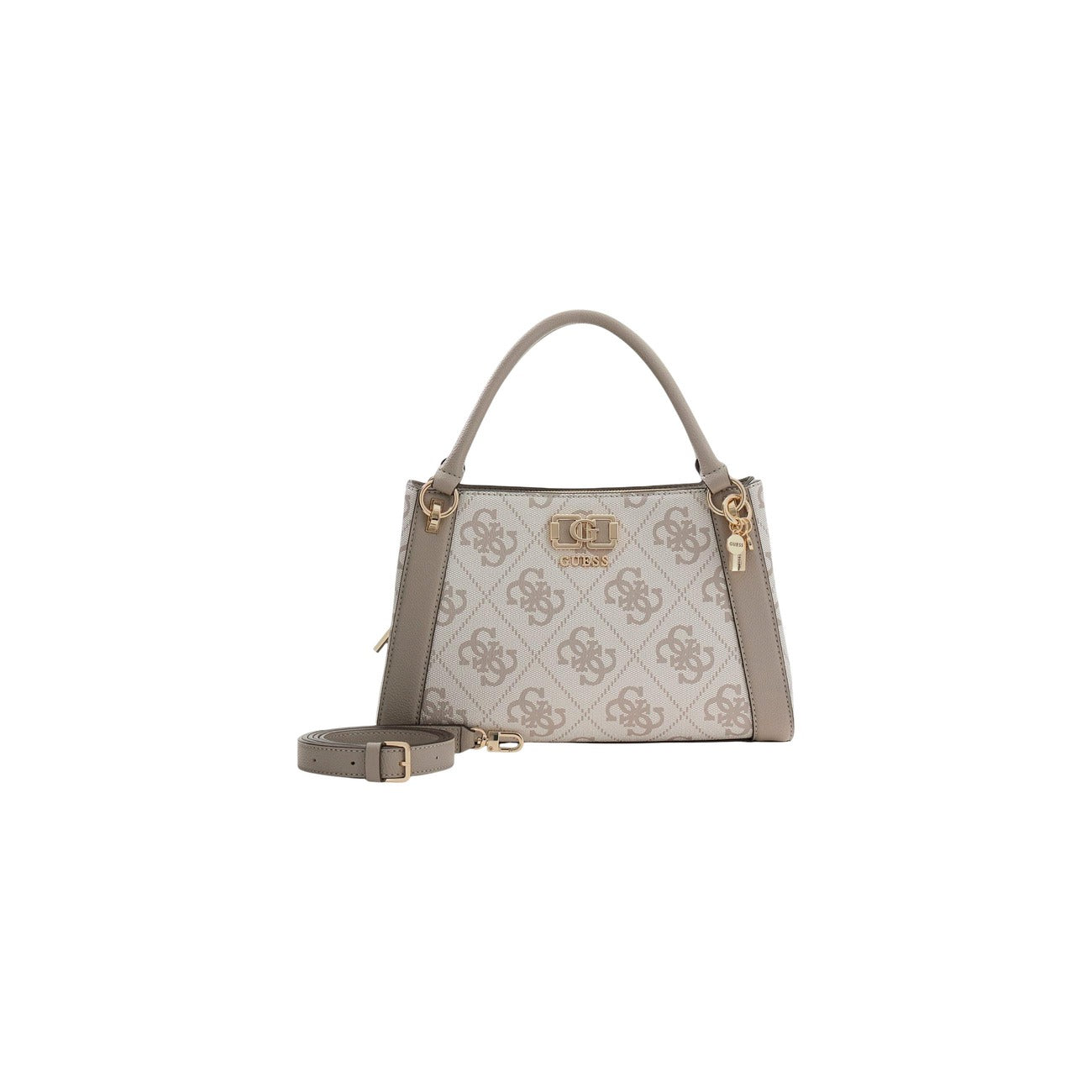 Borsa Guess Karnilla Logo Satchel Beige; 100% Poliuretano. Stampa logo 4G, dettagli dorati, tracolla inclusa. Borsa a mano capiente con chiusura sicura zip e bottoni. Vista frontale con tracolla 