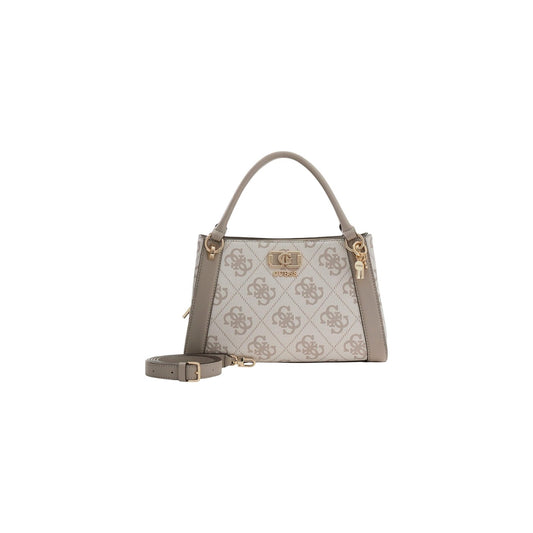Borsa Guess Karnilla Logo Satchel Beige; 100% Poliuretano. Stampa logo 4G, dettagli dorati, tracolla inclusa. Borsa a mano capiente con chiusura sicura zip e bottoni. Vista frontale con tracolla 
