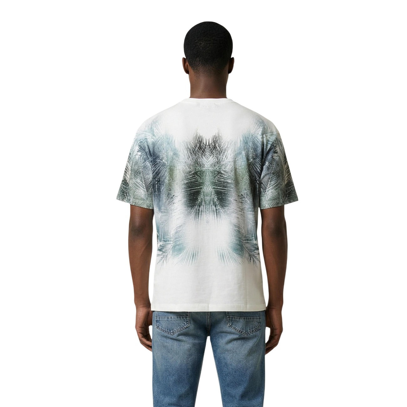 Antony Morato T-shirt bianca con Grafica stampa verde; scollo tondo, cotone naturale, fantasia colorata. Comfort e stile urban per il tempo libero. Vista posteriore 