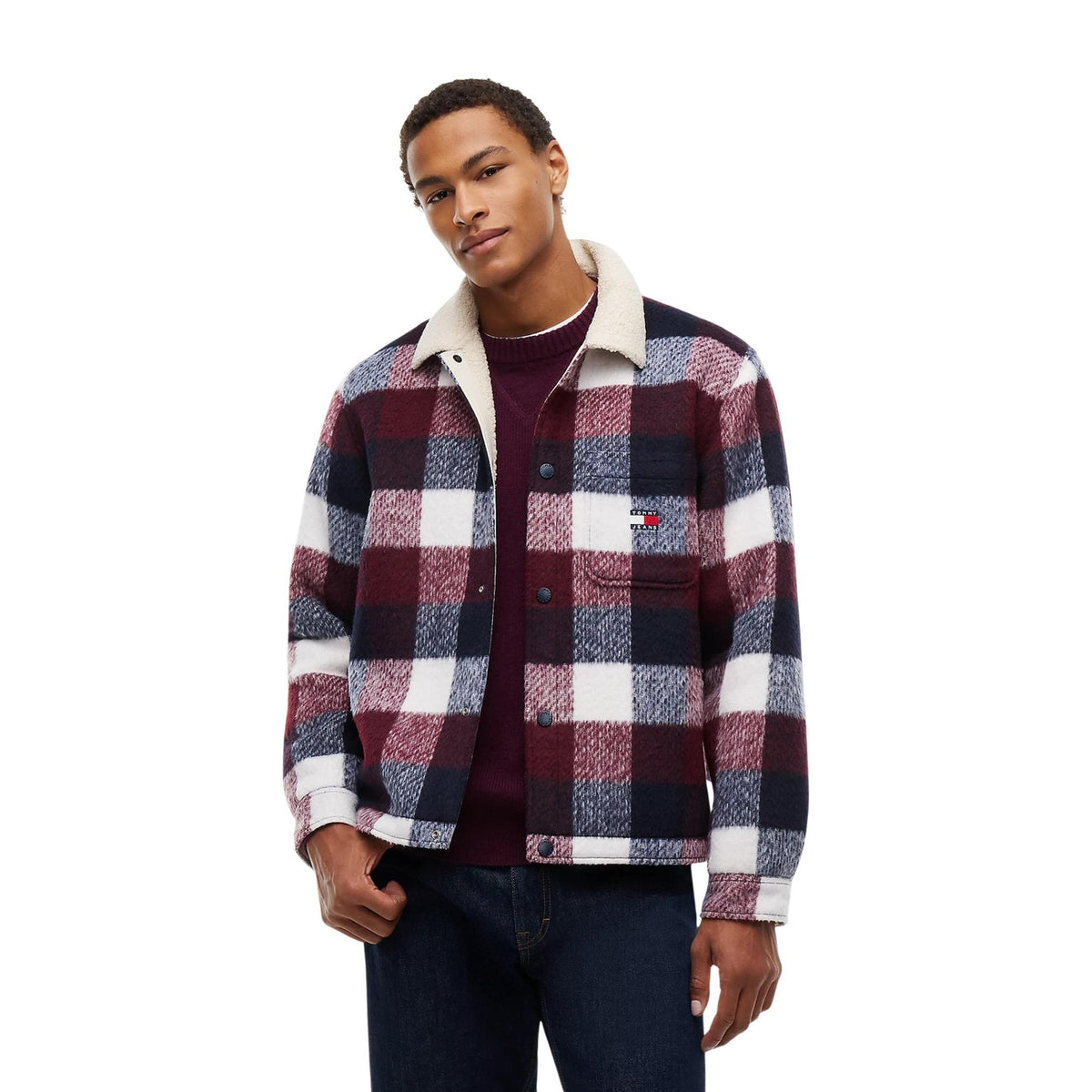 Giacca camicia uomo Tommy Jeans – Overshirt a quadri con colletto in sherpa DM0DM23523C1G.